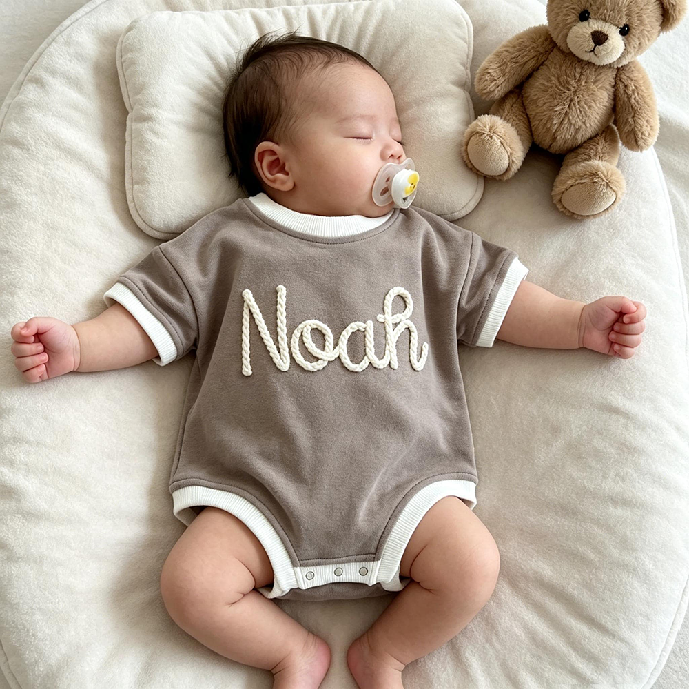 Personalized Hand Embroidered Short Sleeve Baby Bubble Romper | CWBaby503