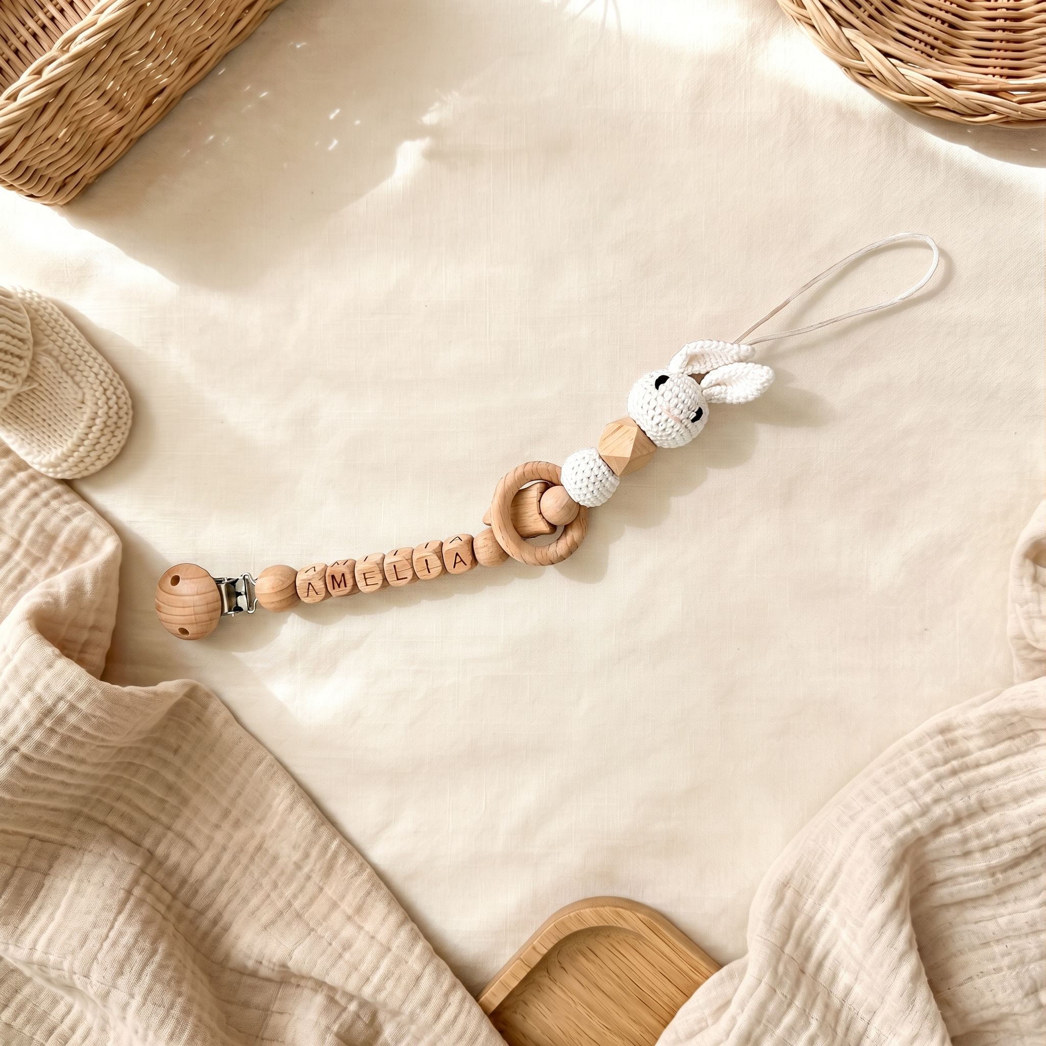Personalized Bunny Baby Pacifier Wooden Bead Clip | CWToy194