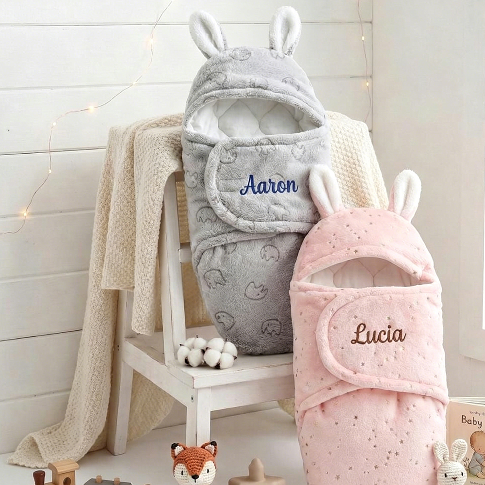 Personalized Baby Flannel Bunny Ear Swaddle Wrap | CWBaby507