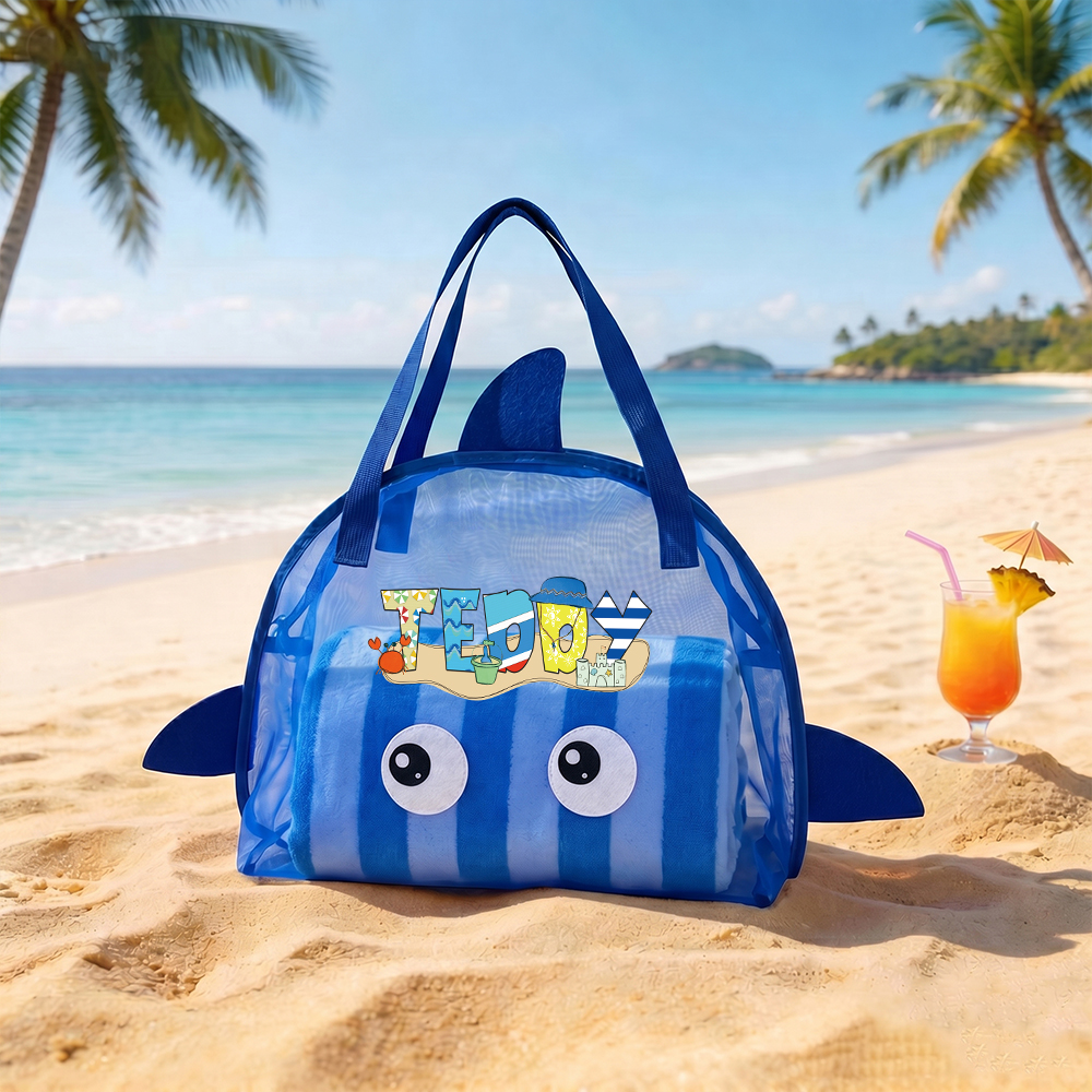Personalized Adorable Shark Seashell Zipper Mesh Beach Bag | CWBeach262