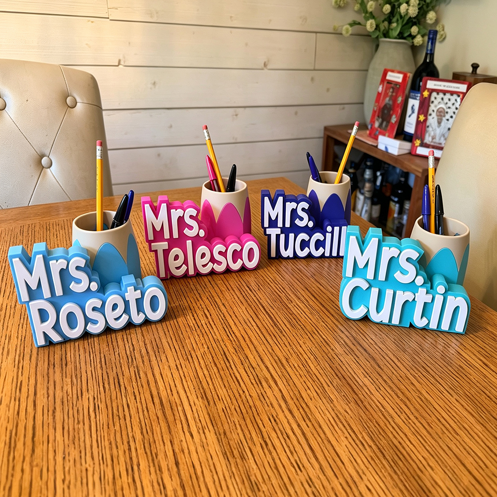 Personalized 3D Printed Teacher Pen Cup and Name Stand | CWTeach14