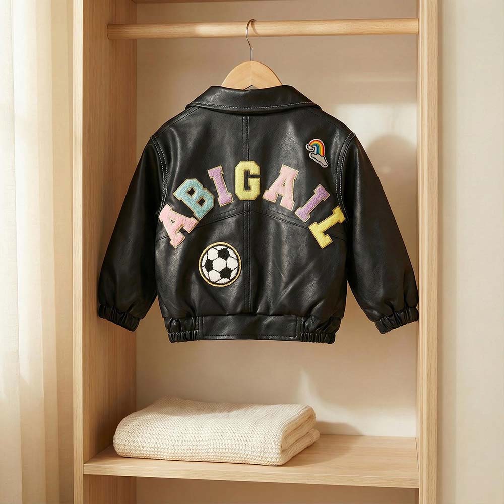 Personalized Chenille Patch Baby Vegan Leather Jacket | CWBaby518