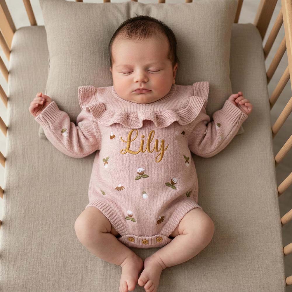 Personalized Embroidered Baby Knit Ruffle Romper | CWBaby519