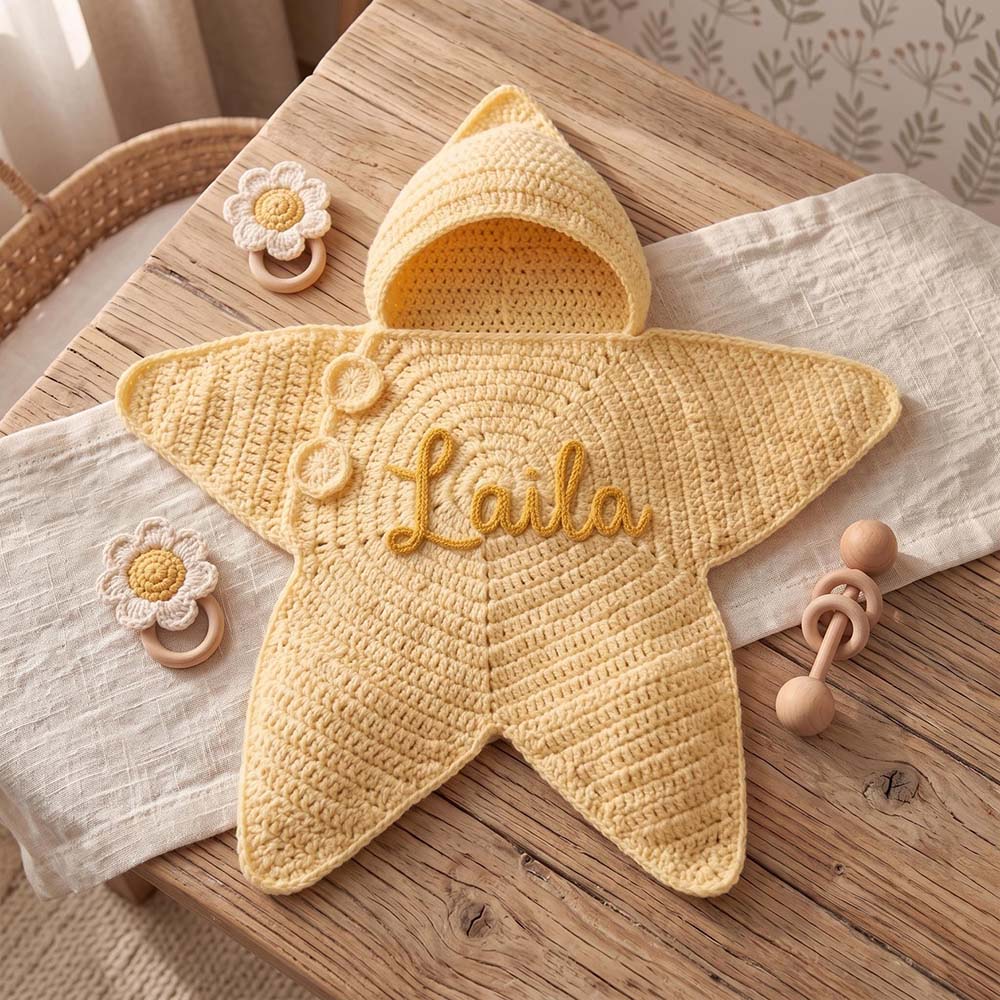 Personalized Hand Embroidered Hooded Crochet Star Baby Outfit | CWBaby524