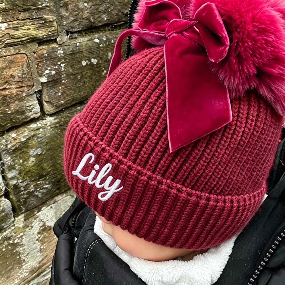 Personalized Embroidered Baby Pom Pom Hat with Bow | HSKid85