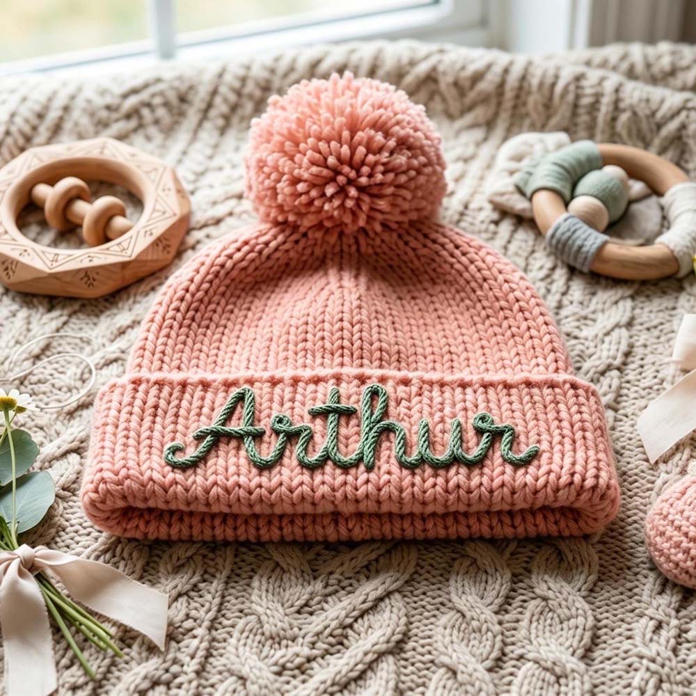 Personalized Hand Embroidery Pom Pom Beanie| HSKid44