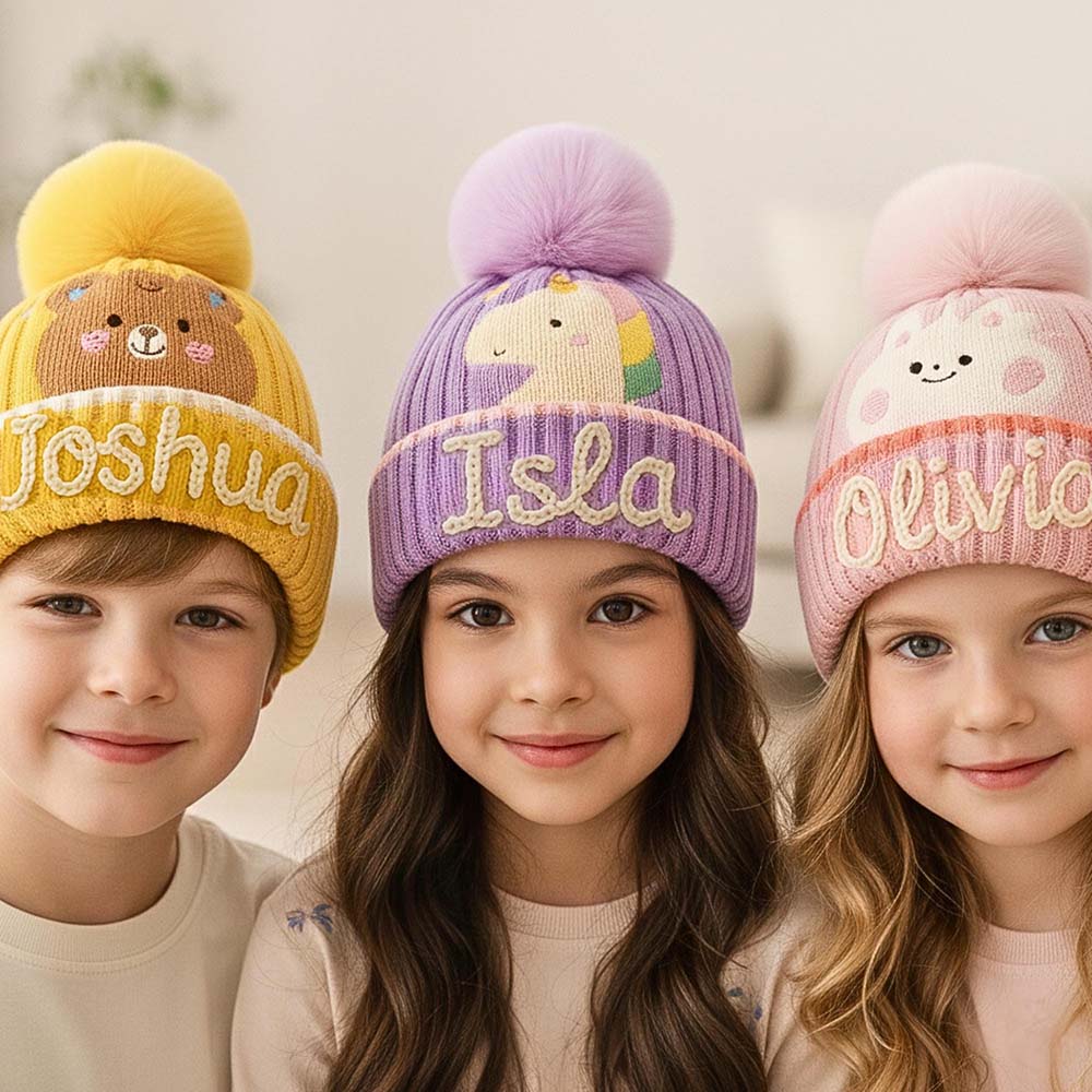 Personalized Hand Embroidery Cartoon Animal Pom Pom Beanie WinterHat | HSKid90