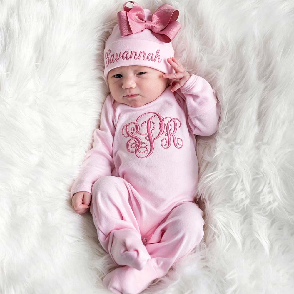 Personalized Embroidery Baby Monogram Romper and Hat Set | CWBaby525