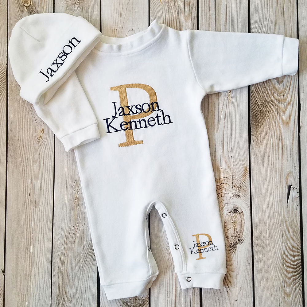 Personalized Embroidery Monograms Baby Coming Home Romper and Hat Set | CWBaby535