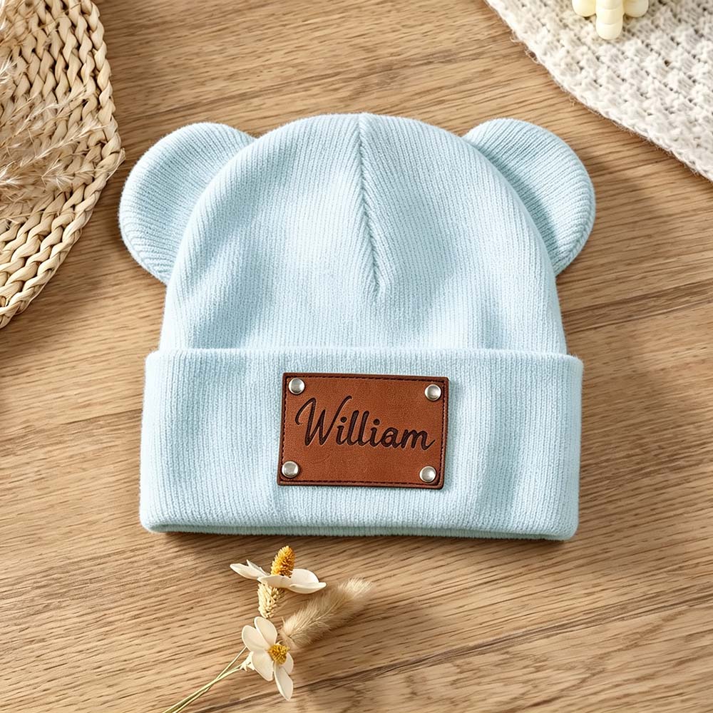 Personalized Leather Patch Kid Beanie Hat With Bear Ears | HSKid92
