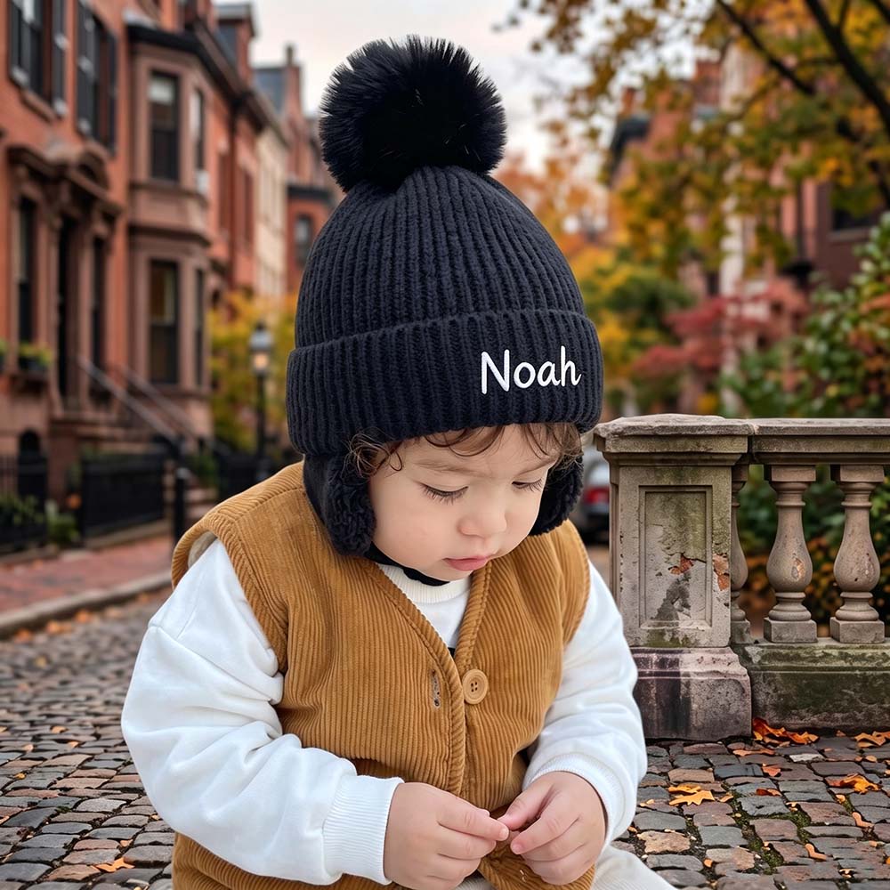 Personalized Embroidered Kids Winter Hat With Ear Flaps & Pom Pom | HSKid93