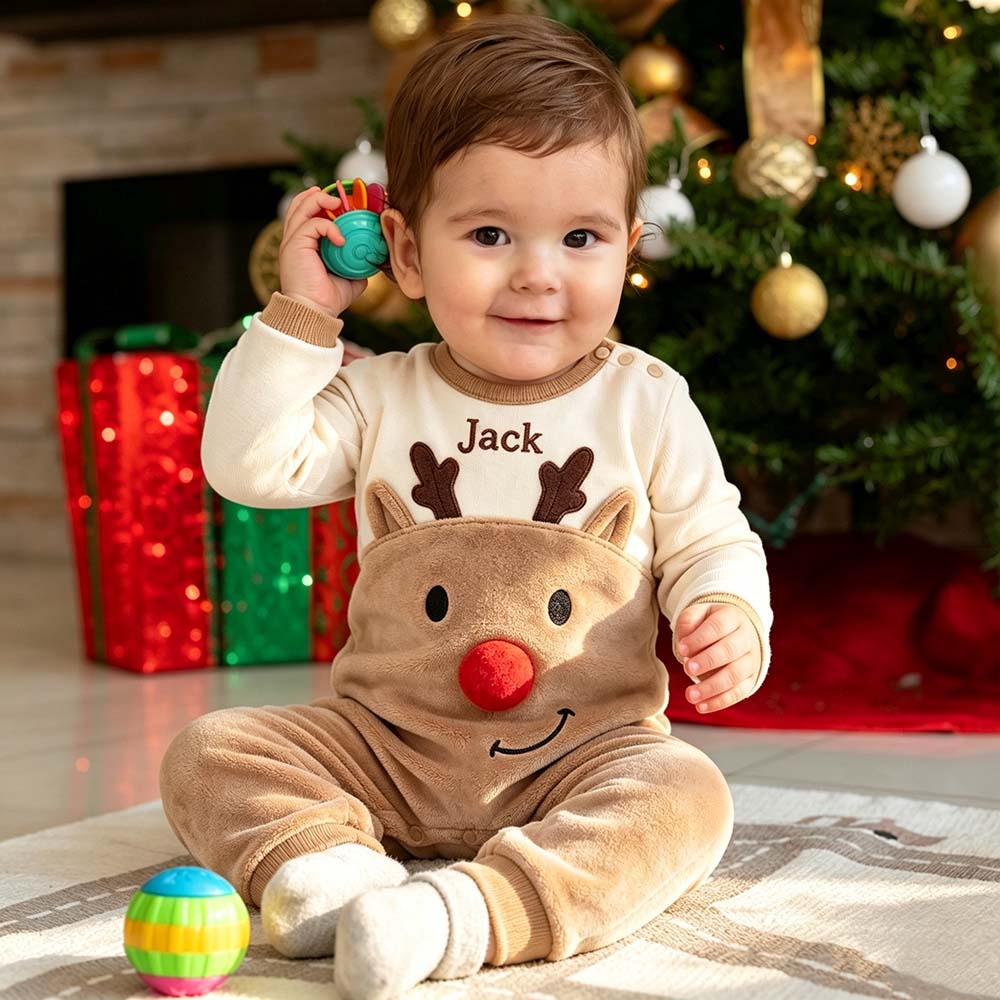 Personalized Embroidered Baby Christmas Reindeer Romper | MCGift386