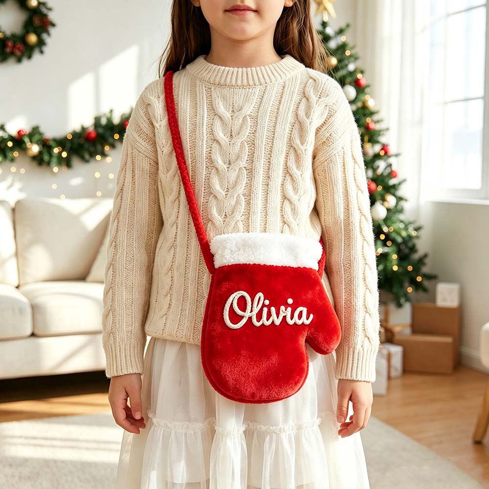 Personalized Hand Embroidered Kids Christmas Mitten Bag | MCGift387