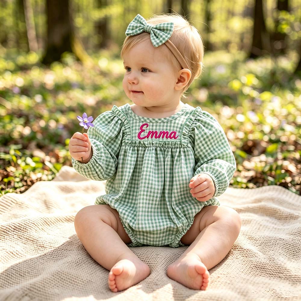 Personalized Embroidered Baby Girl Bubble Gingham Romper with Matching Bow | CWBaby533