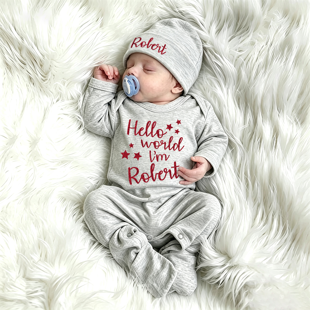 Personalized Baby Hello World Romper & Hat Set | CWBaby536