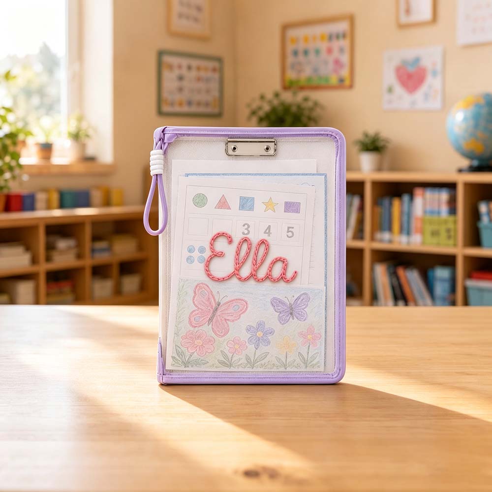 Personalized Hand Embroidered Homework Folder With Handle For Kids | CWToy207