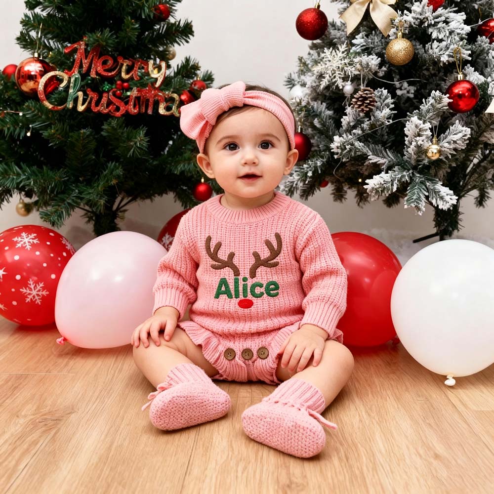 Personalized Embroidered Reindeer Baby Romper Set With Bow Headband & Socks | MCGift388