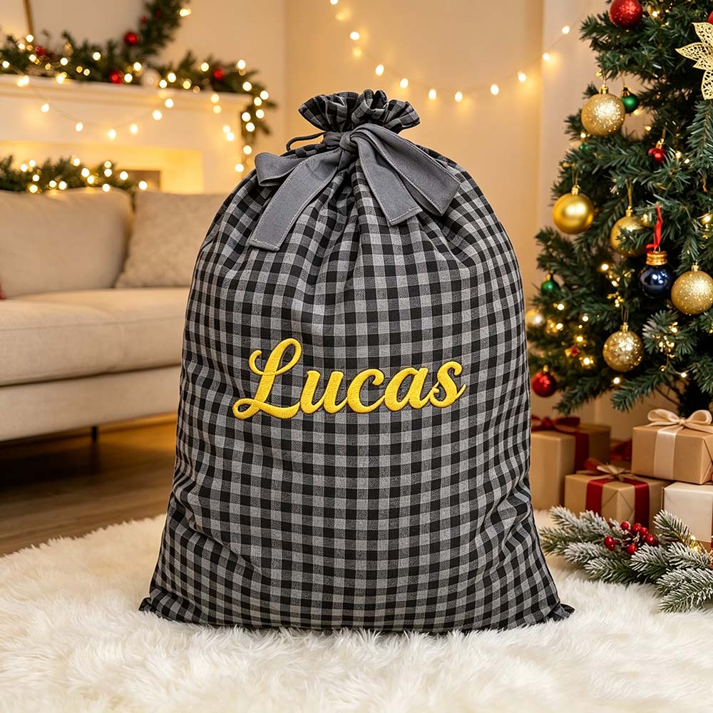 Personalized Embroidered Gingham Santa Gift Bag | MCGift391
