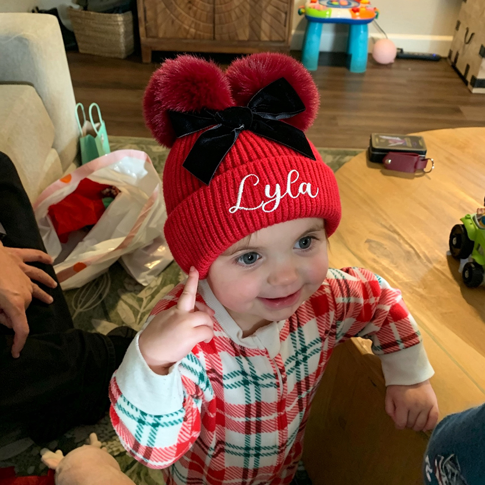 Personalized Embroidered Baby Pom Pom Hat with Bow | HSKid85