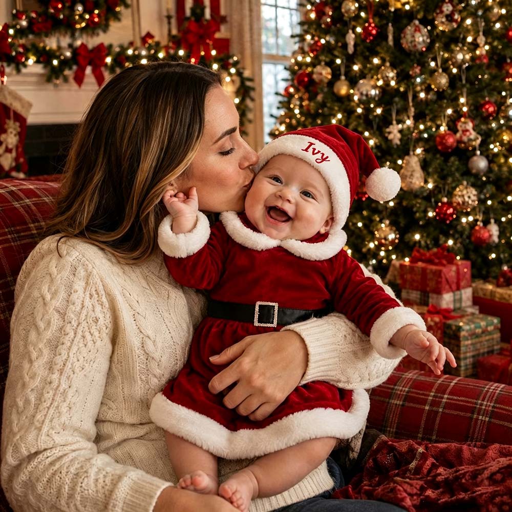 Personalized Embroidered Velvet Baby Santa Claus Dress Outfit with Santa Hat | MCGift406