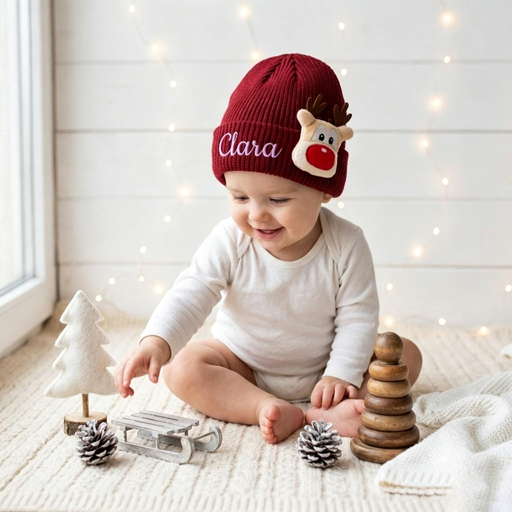 Personalized Embroided Christmas Reindeer Color Beanie | HSKid51