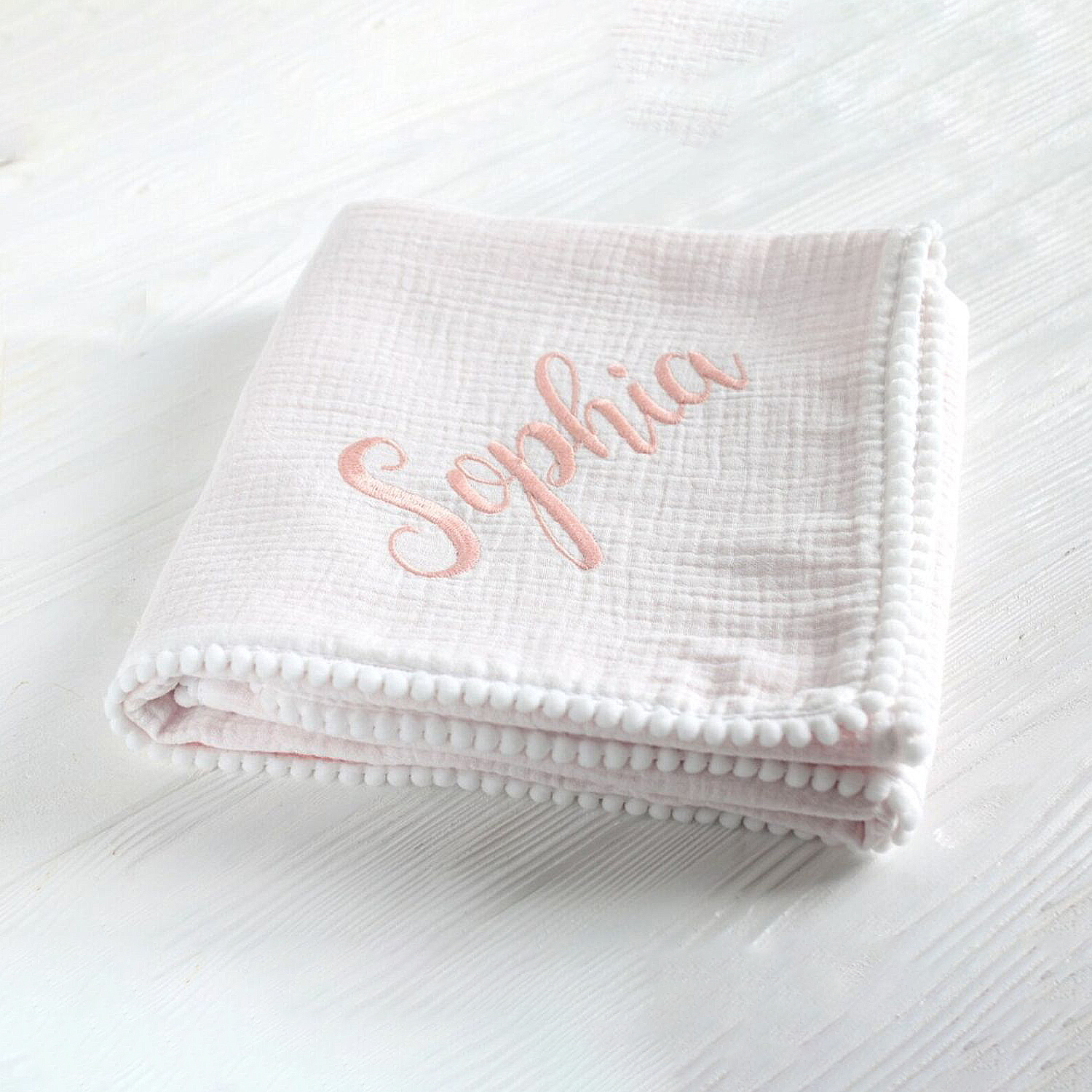 Personalized Embroidered Swaddle Muslin Pom Pom Blanket | CWBaby46