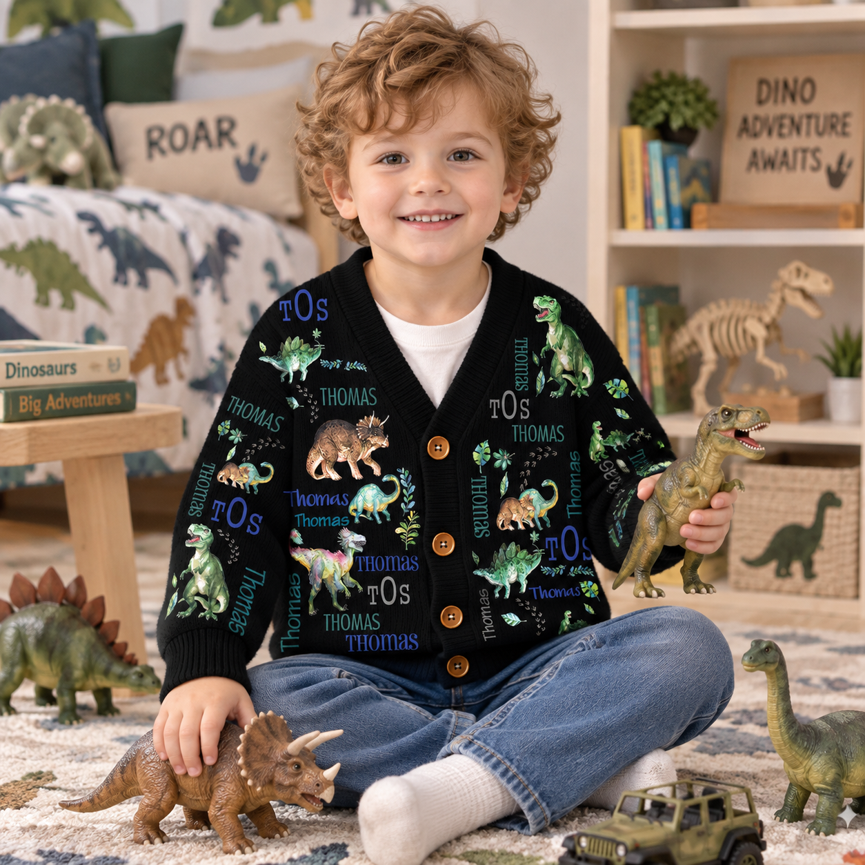 Personalized Lovely Kids Dinosaur Knit Sweater | CWSweater22