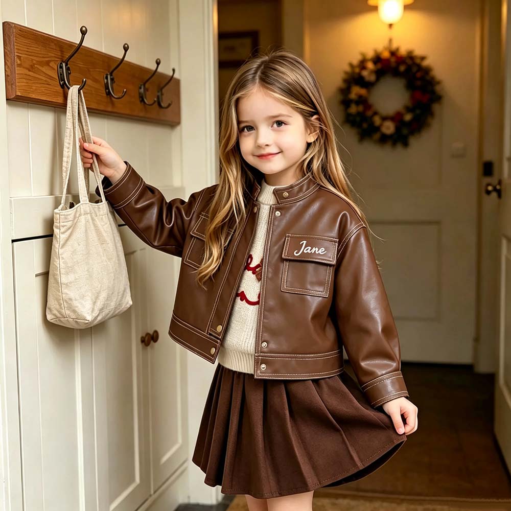 Personalized Embroidered Long-Sleeved Leather Jacket For Girls | CWBaby541
