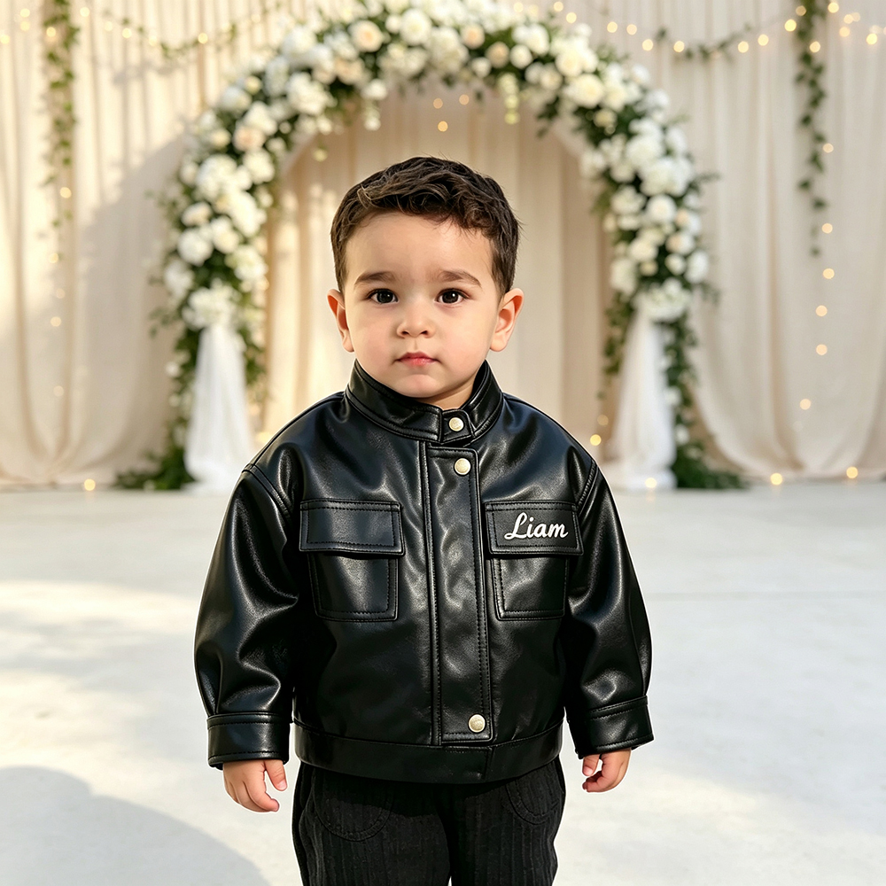Personalized Embroidered Long-Sleeved Leather Jacket For Girls | CWBaby541