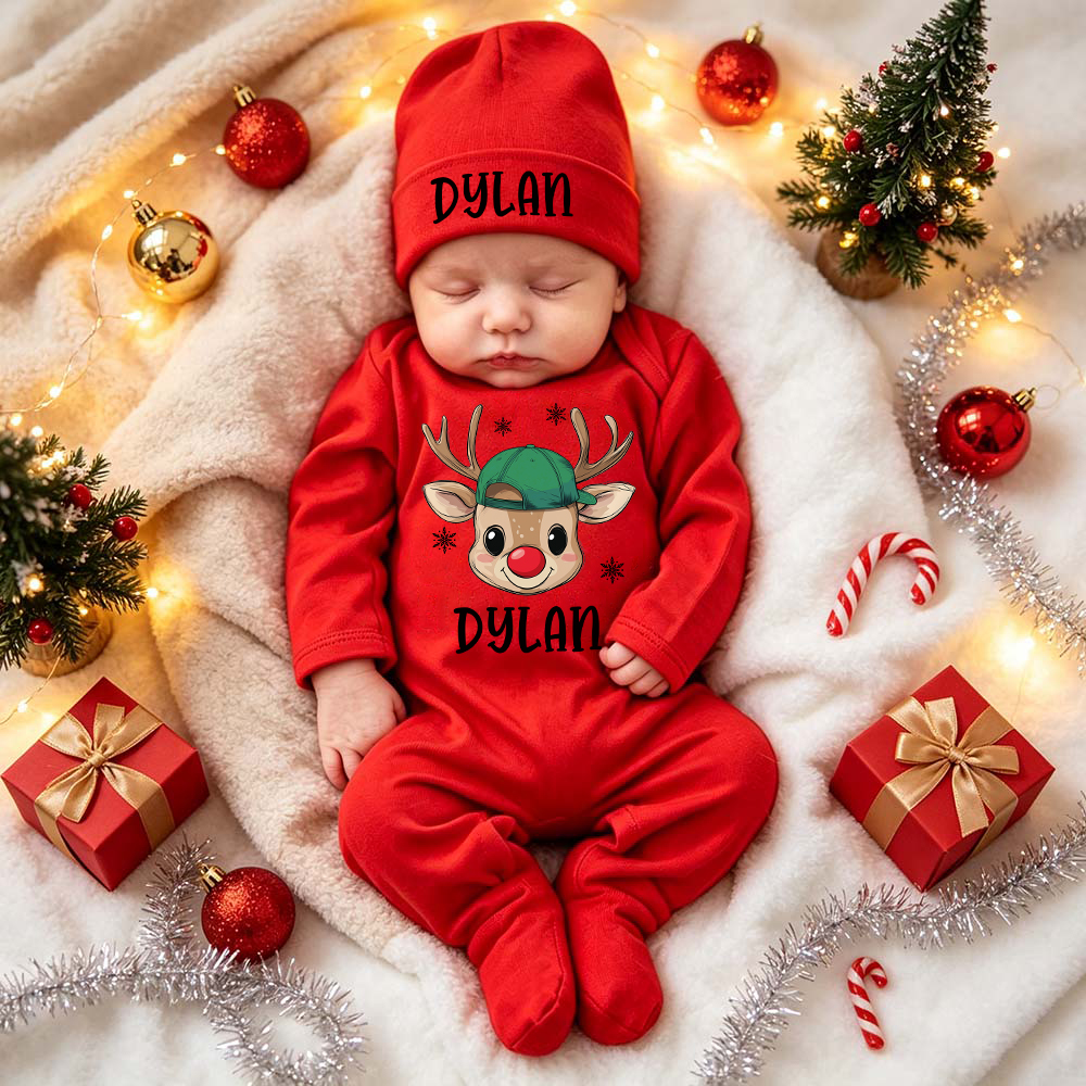 Personalized Baby Christmas Reindeer Romper & Hat Set | MCGift421