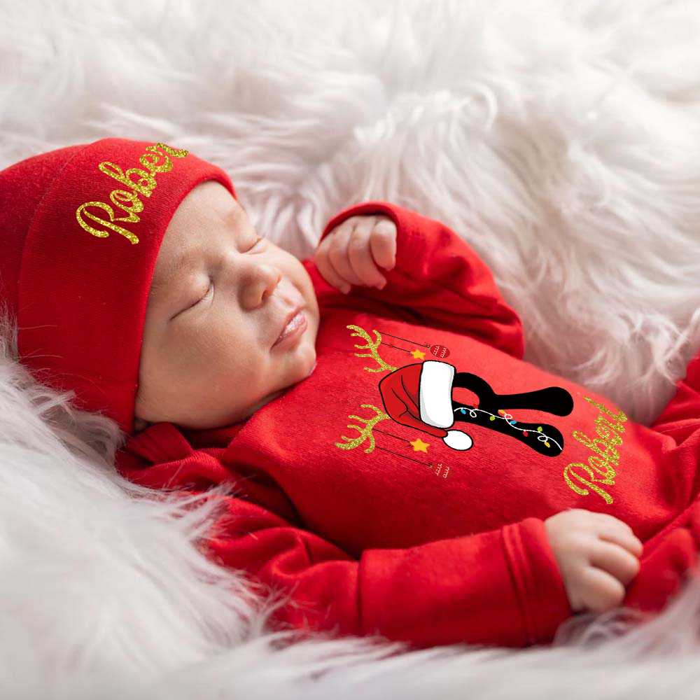 Personalized Baby Christmas Monogram Romper & Hat Set | MCGift424