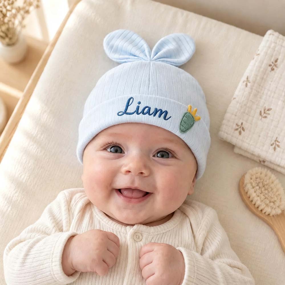 Personalized Embroidered Bunny Ears Baby Beanie Hat | HSKid108