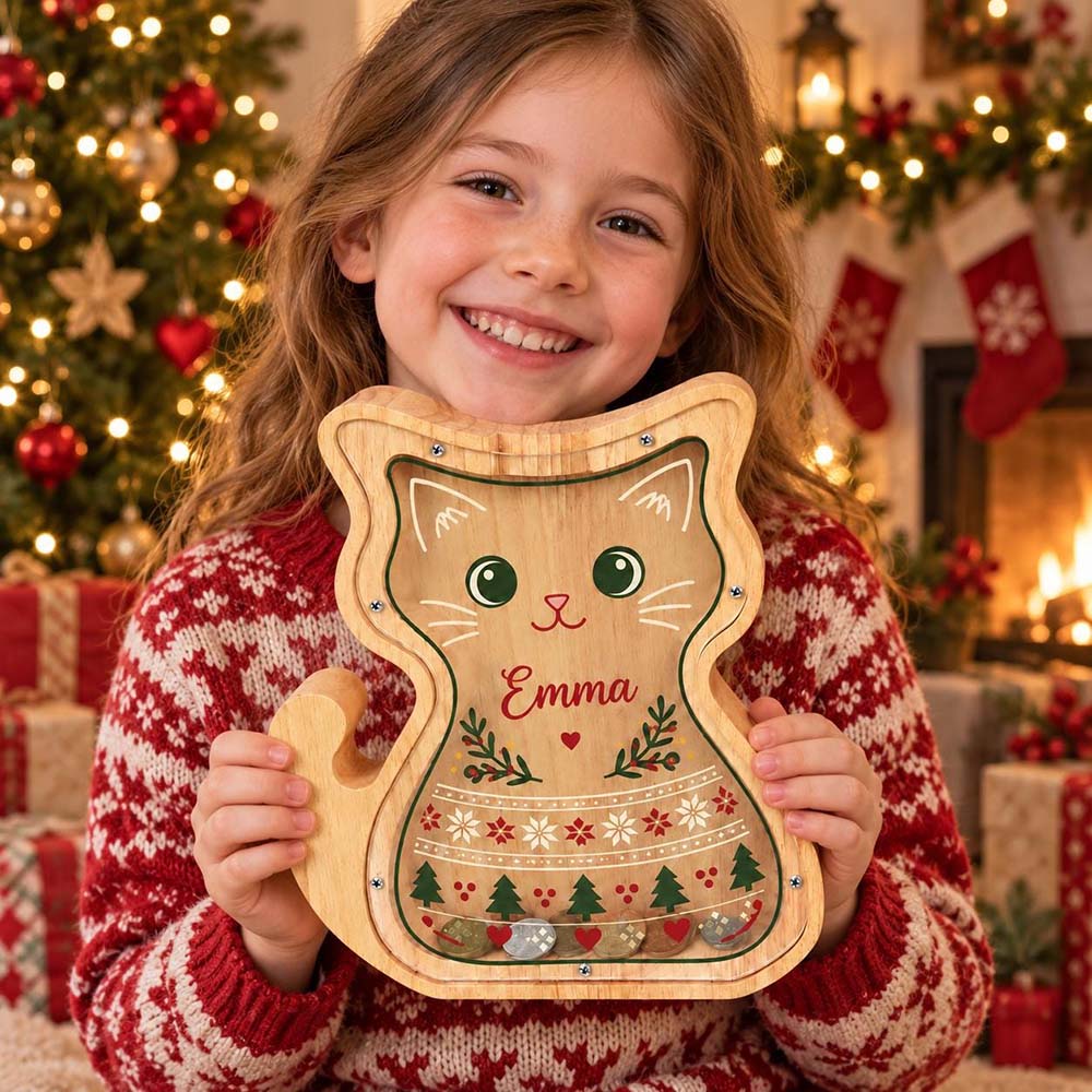 Personalized Wooden Cute Kitty Piggy Bank for Kids | MCGift432