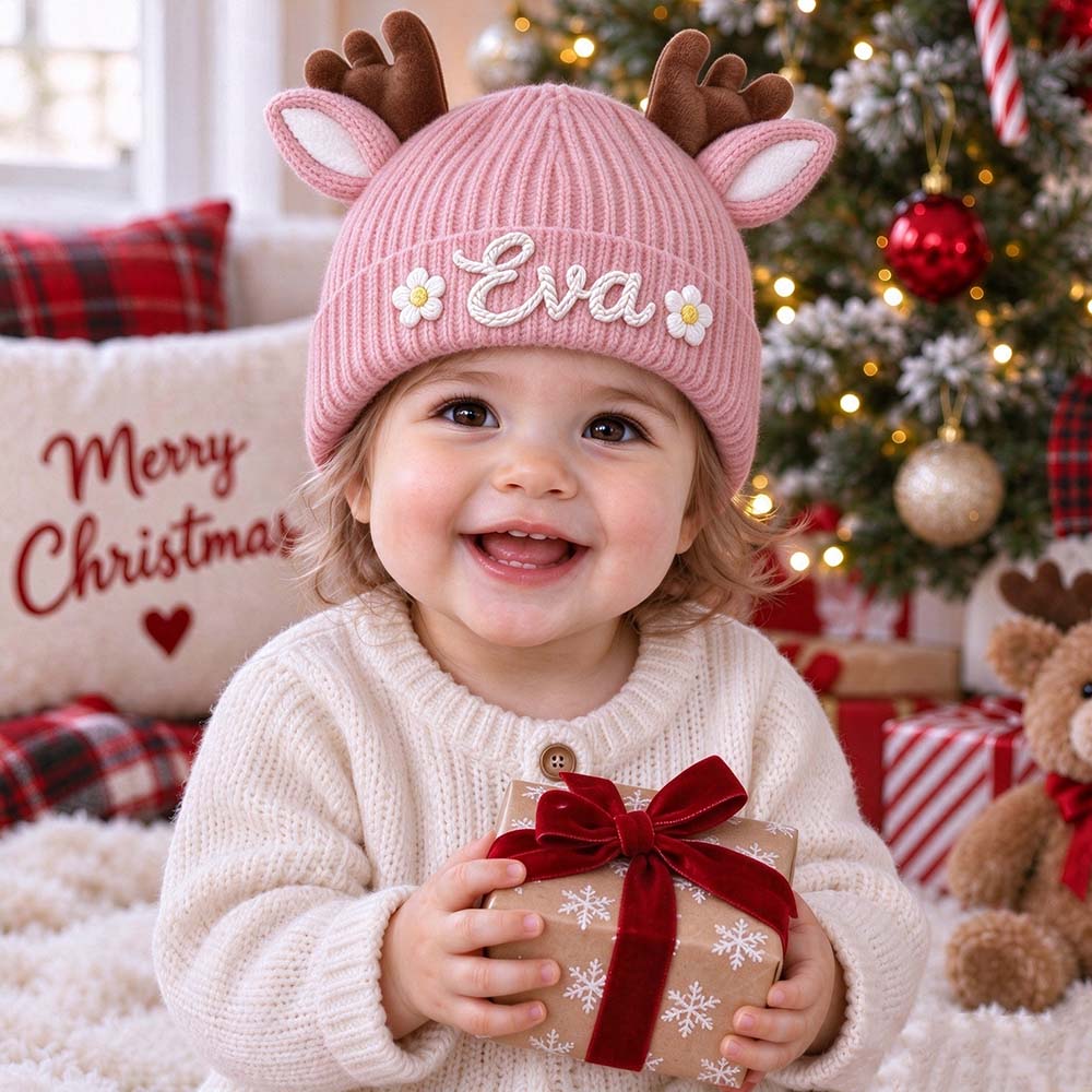Personalized Hand Embroidery Christmas Reindeer Beanie For Toddler Kids | MCGift430