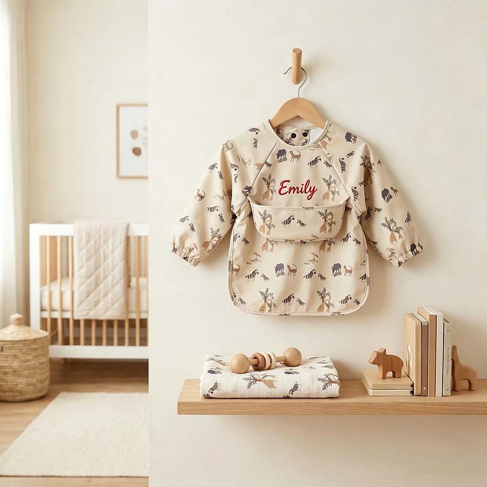 Personalized Embroidered Baby Bib Smock With Sleeves Feeding Cover | CWBaby561