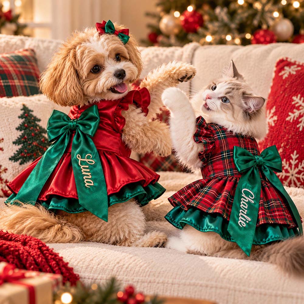 Personalized Embroidered Christmas Pet Dress with Bow | MCGift433