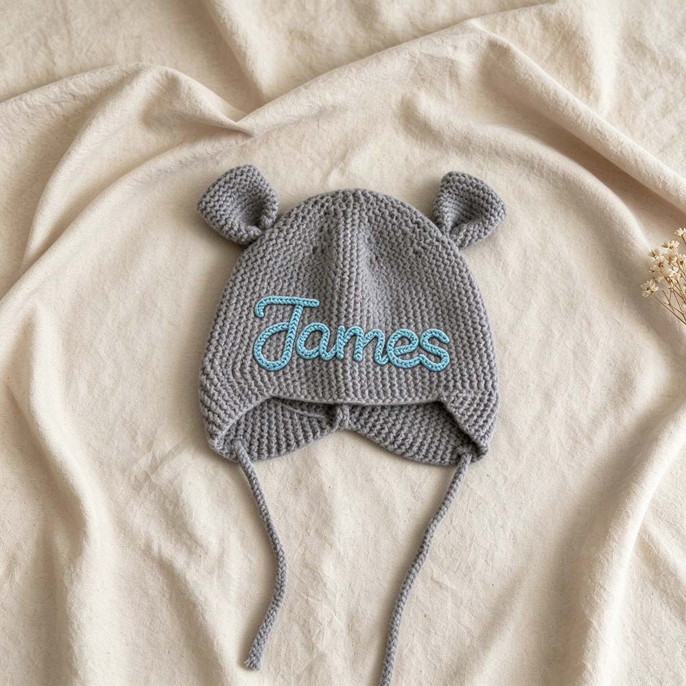 Personalized Hand Embroidered Bear Ears Baby Knit Beanie Hat | CWBaby563
