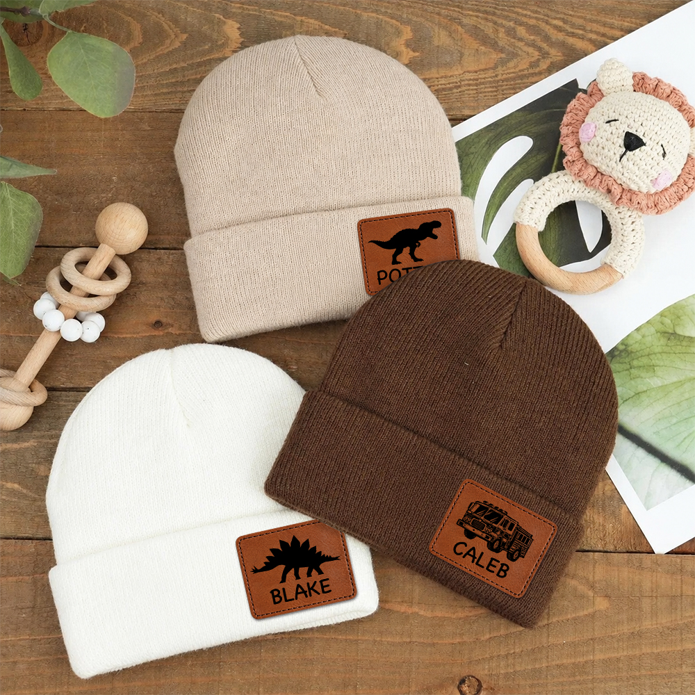 Personalized Kids Dinosaur & Excavator Leather Patch Beanie Hat | HSKid100