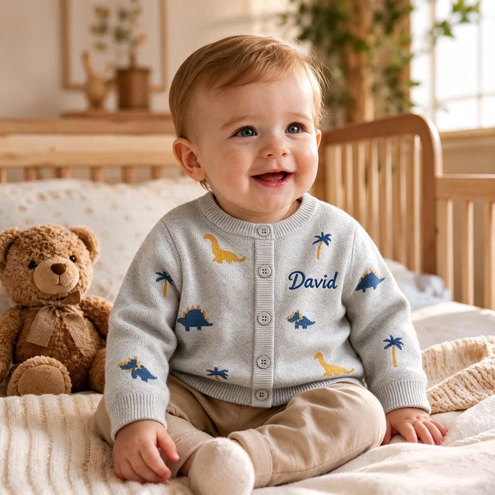 Personalized Embroidered Adorable Dinosaur Knit Cardigan | CWBaby548