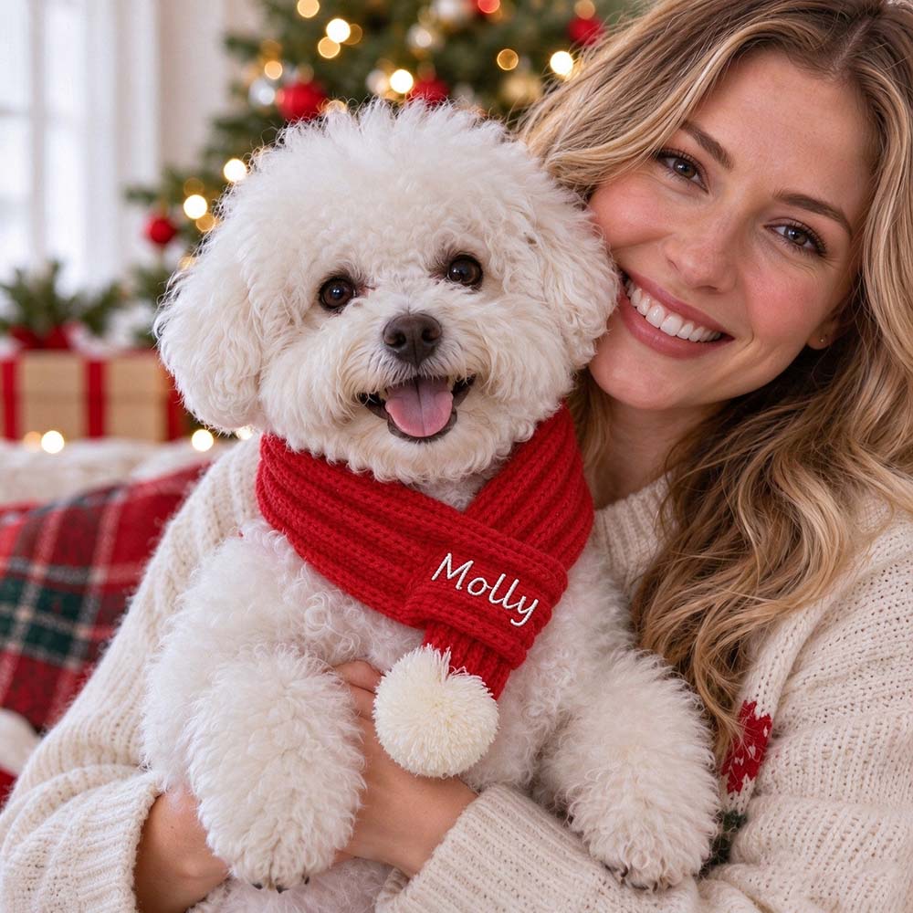 Personalized Embroidered Christmas Pet Pom Pom Scarf | MCGift437