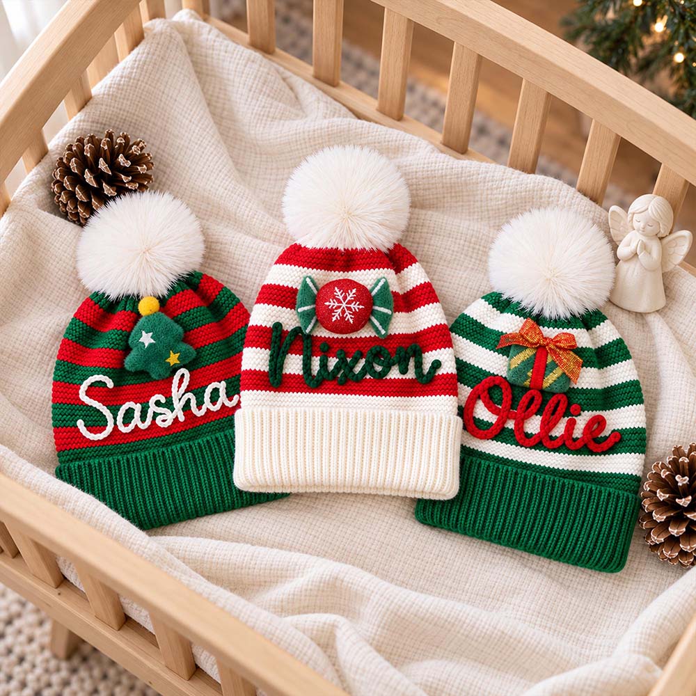 Personalized Hand Embroidery Kids Stripe Pom Pom Beanie Hat | MCGift441