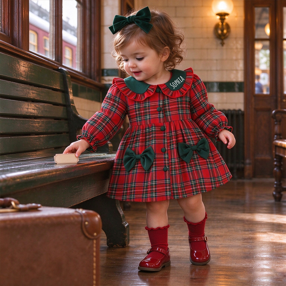 Personalized Baby Girl Christmas Plaid Dress Set | MCGift445