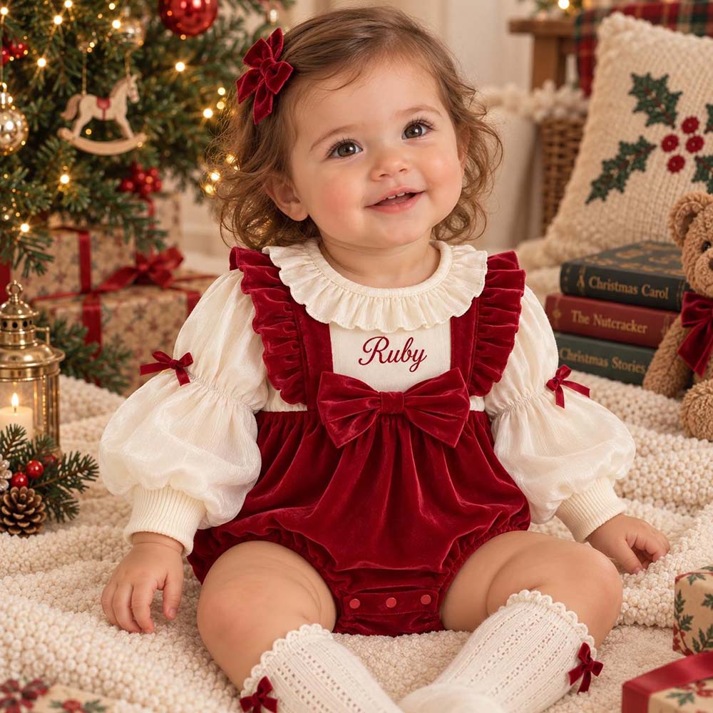 Personalized Embroidered Baby Burgundy Velvet Christmas Romper | CWBaby565