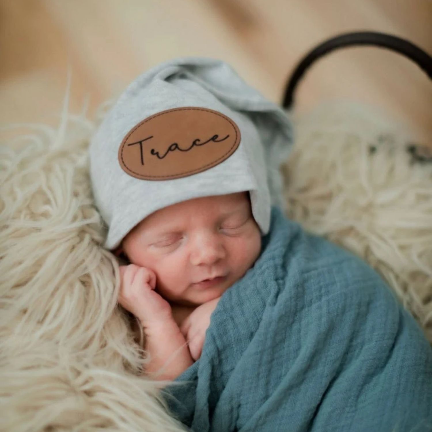 Personalized Newborn Baby Leather Patch Knot Hat | CWBaby76