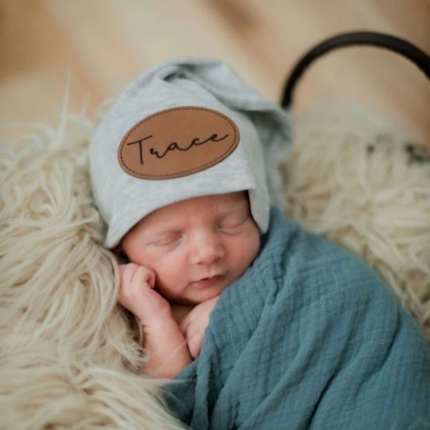 Personalized Newborn Baby Leather Patch Knot Hat | CWBaby76