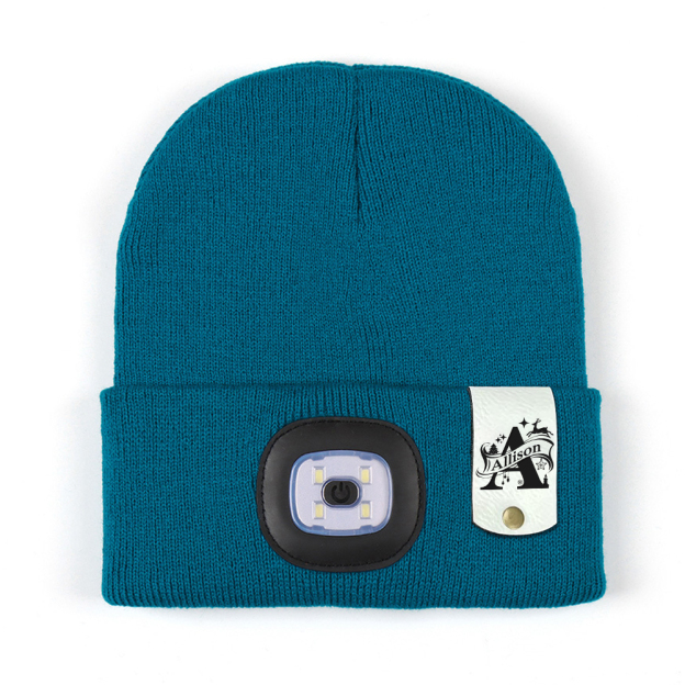 Personalized Kids Leather Tag Beanie with Headlamp | HSKid32