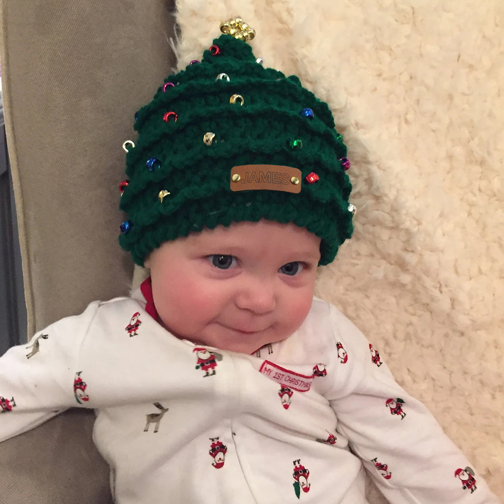 Personalized Leather Patch Christmas Tree Crochet Hat | MCGift51