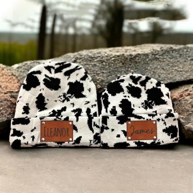 Personalized Leather Patch Cute Cow Warm Beanie | HSKid42