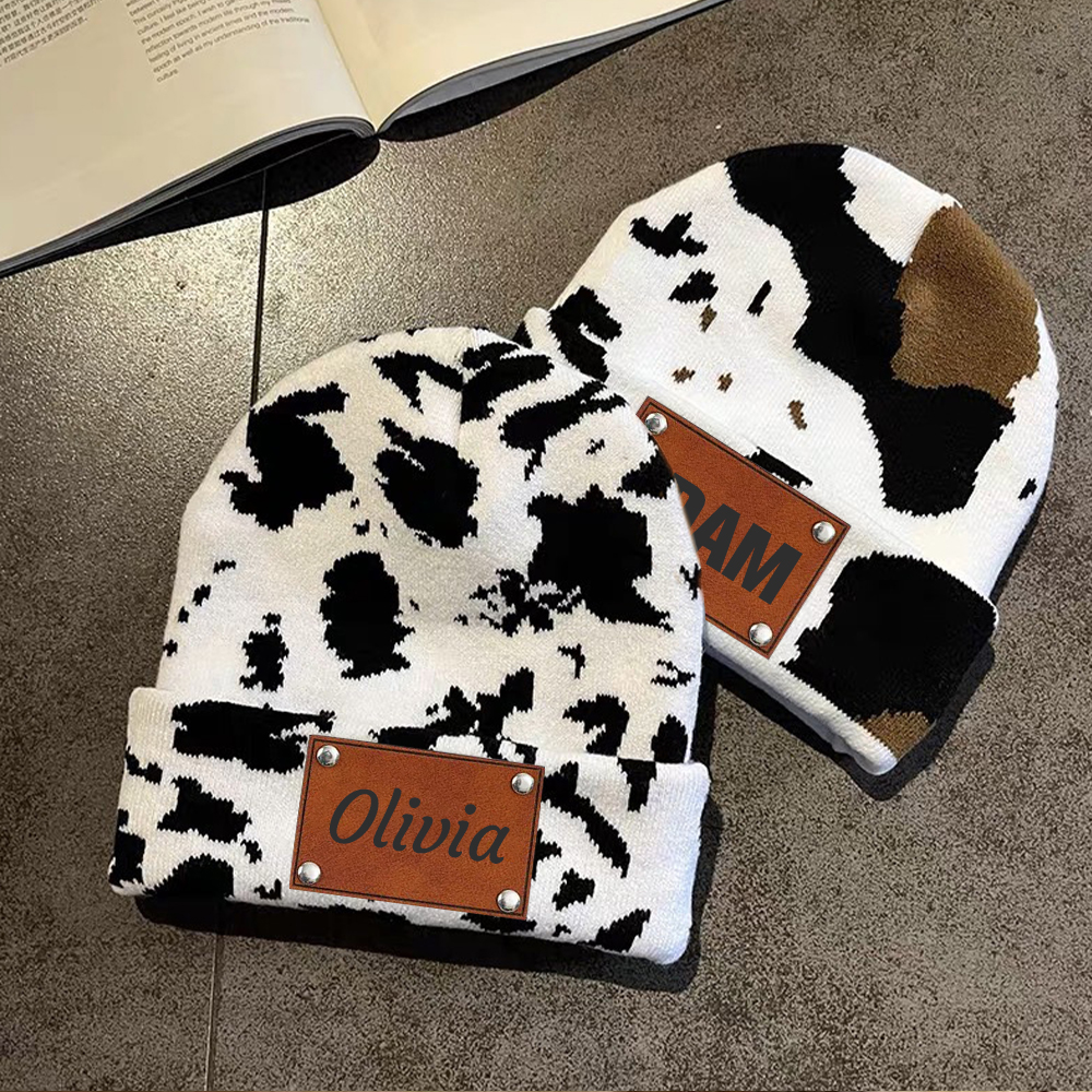 Personalized Leather Patch Cute Cow Warm Beanie | HSKid42