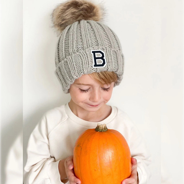 Personalized Initial Patch Pom Pom Beanie Hat | HSKid45